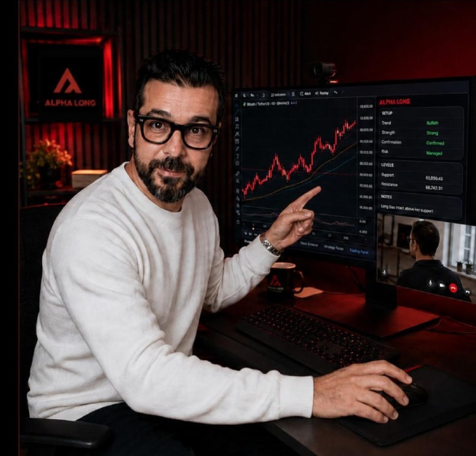 Michel Welter walking through the Alpha Long indicator on a TradingView chart